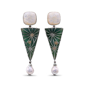 One of a Kind Hand Carved Mother of Pearl Green Agate Baroque Pearl and Diamond 0.30ct Earring in Sterling Silver with 18K Gold Flowers and Adam