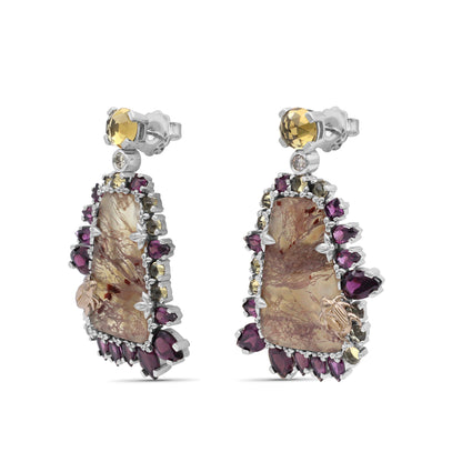 One of a Kind Whisky Quartz Rhodolite Garnet Rutilated Quartz and Champagne Diamond 0.20ct Earring in Sterling Silver with 18K Gold Adam