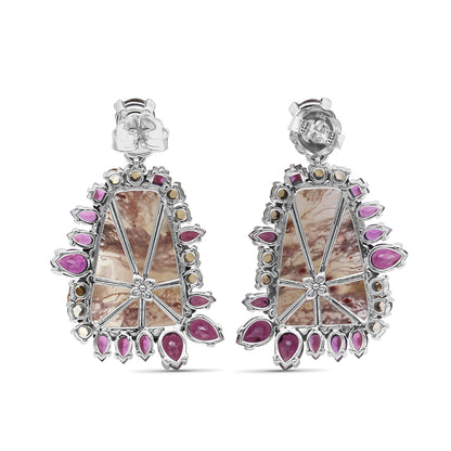 One of a Kind Whisky Quartz Rhodolite Garnet Rutilated Quartz and Champagne Diamond 0.20ct Earring in Sterling Silver with 18K Gold Adam