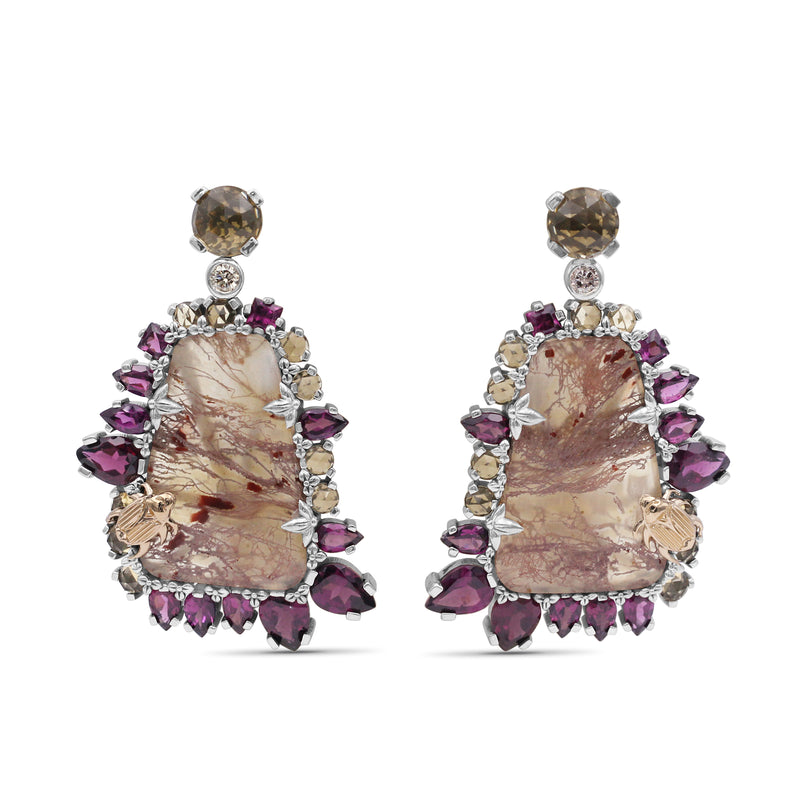 One of a Kind Whisky Quartz Rhodolite Garnet Rutilated Quartz and Champagne Diamond 0.20ct Earring in Sterling Silver with 18K Gold Adam