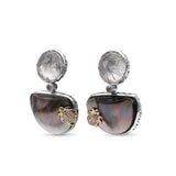 One of a Kind Grey Tihitian Shell Mabe Pearl Facet Top Blue Hair Rutilated Quartz and Diamond 0.15ct Earring in Sterling Silver with 18K Gold Diamond Pave Adam