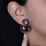 One of a Kind Grey Tihitian Shell Mabe Pearl Facet Top Blue Hair Rutilated Quartz and Diamond 0.15ct Earring in Sterling Silver with 18K Gold Diamond Pave Adam