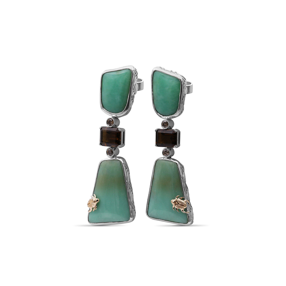 One of a Kind Chrysoprase Cognac Quartz and Diamond 0.21ct Earring in Sterling Silver with 18K Gold Adam