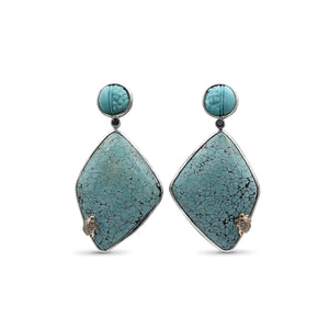 One of a Kind Half Carved Half Smooth Turquoise Turquoise and Diamond 0.35ct Earring in Sterling Silver with 18K Gold Diamond Pave Adam