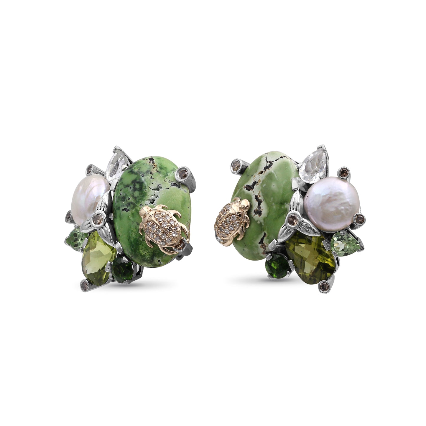 One of a Kind Chrome Diopside White Coin Pearl Green Tourmaline Natural Quartz Facet Green Peridot Smooth green Turquoise and Diamond 0.33ct