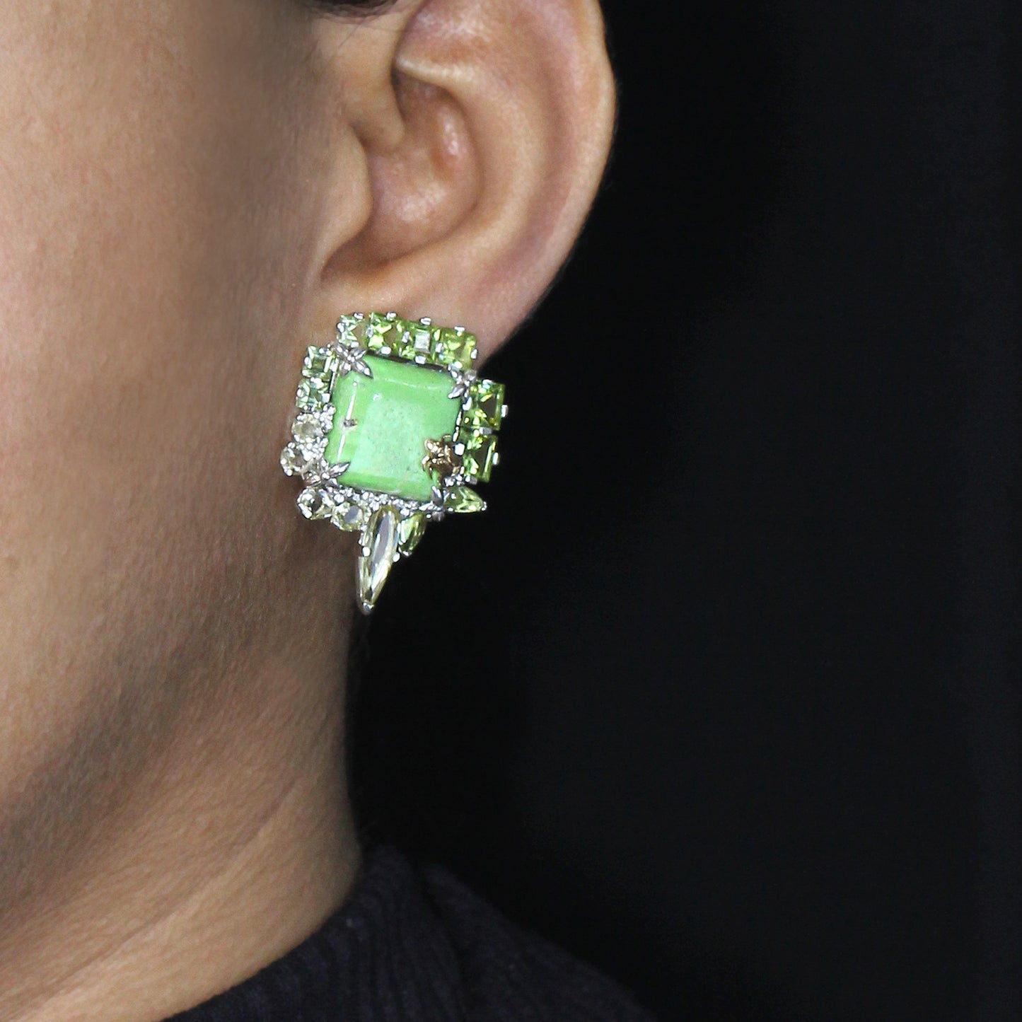 One of a Kind Lemon Quartz Facet Peridot Green Turquoise Earring in Sterling Silver with 18K Gold Adam