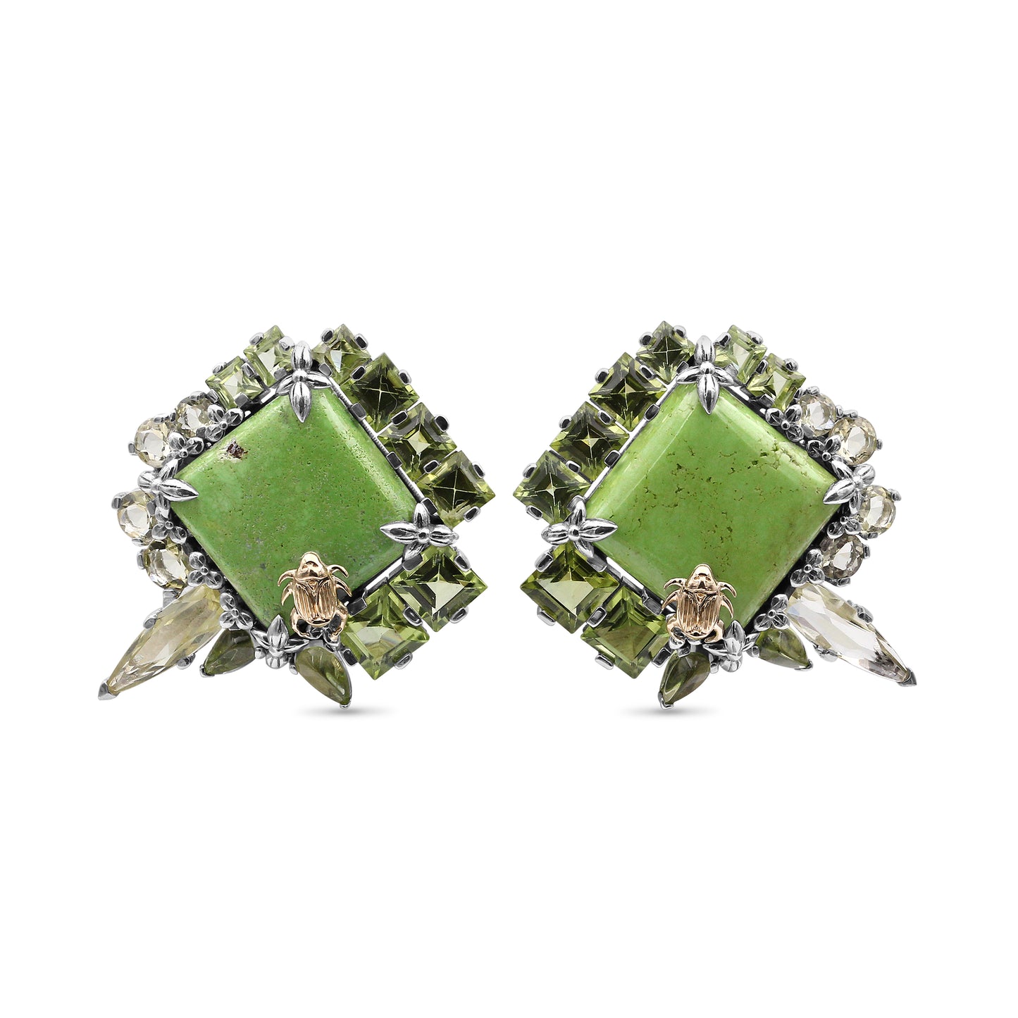 One of a Kind Lemon Quartz Facet Peridot Green Turquoise Earring in Sterling Silver with 18K Gold Adam