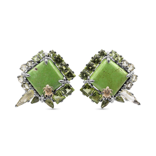 One of a Kind Lemon Quartz Facet Peridot Green Turquoise Earring in Sterling Silver with 18K Gold Adam