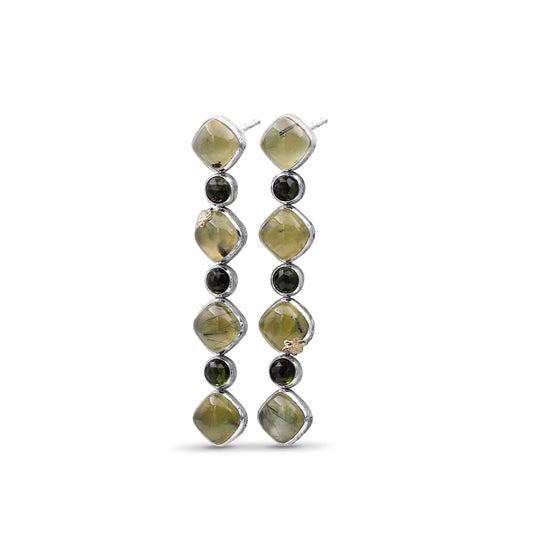 One of a Kind Rutilated Pyrite and Facet Green Tourmaline Earring in Sterling Silver with 18K Gold Adam