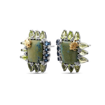One of a Kind Smooth Green Turquoise Peridot and  Facet London Blue Topaz Earring in Sterling Silver with 18K Gold Adam