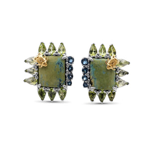 One of a Kind Smooth Green Turquoise Peridot and  Facet London Blue Topaz Earring in Sterling Silver with 18K Gold Adam