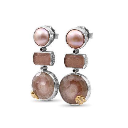 One of a Kind Hand Carved Natural Quartz Top Over Picasso Jasper Natural Quartz Top Over Picasso Jasper Peach mabe Pearl and Diamond 0.23ct Earring in Sterling Silver with 18K Gold Diamond Pave Adam