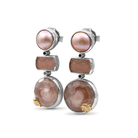 One of a Kind Hand Carved Natural Quartz Top Over Picasso Jasper Natural Quartz Top Over Picasso Jasper Peach mabe Pearl and Diamond 0.23ct Earring in Sterling Silver with 18K Gold Diamond Pave Adam