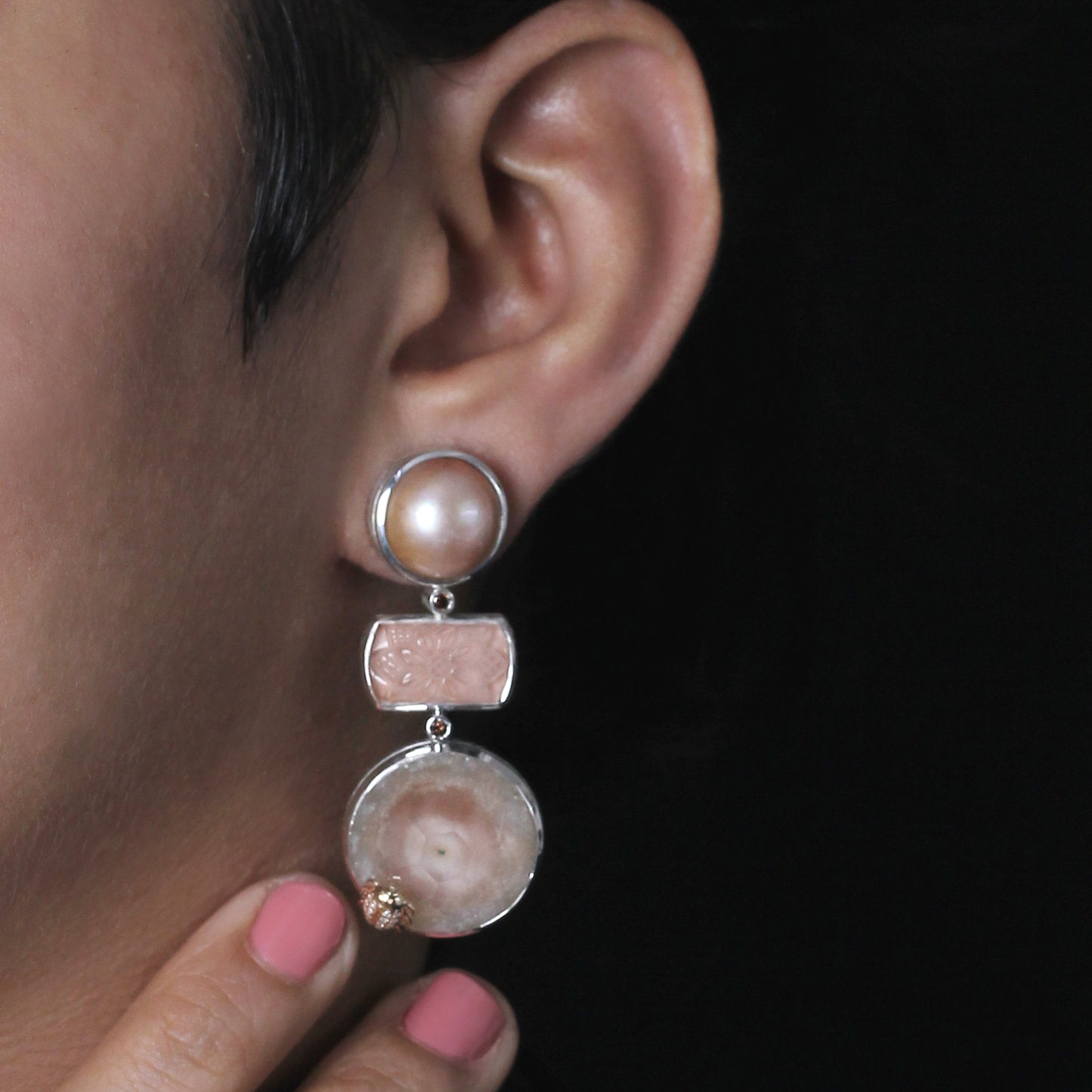 One of a Kind Hand Carved Natural Quartz Top Over Picasso Jasper Natural Quartz Top Over Picasso Jasper Peach mabe Pearl and Diamond 0.23ct Earring in Sterling Silver with 18K Gold Diamond Pave Adam