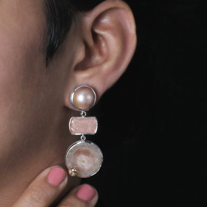 One of a Kind Hand Carved Natural Quartz Top Over Picasso Jasper Natural Quartz Top Over Picasso Jasper Peach mabe Pearl and Diamond 0.23ct Earring in Sterling Silver with 18K Gold Diamond Pave Adam