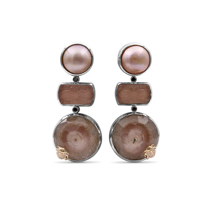 One of a Kind Hand Carved Natural Quartz Top Over Picasso Jasper Natural Quartz Top Over Picasso Jasper Peach mabe Pearl and Diamond 0.23ct Earring in Sterling Silver with 18K Gold Diamond Pave Adam