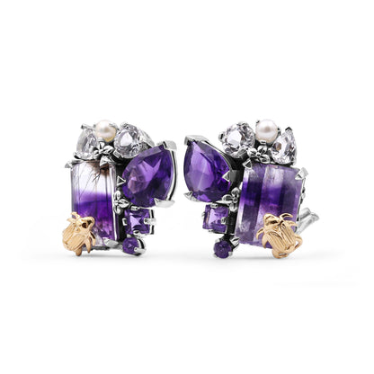 One of a Kind Bi-Color Amethyst Amethyst Natural Quartz and White Pearl Earring in Sterling Silver with 18K Gold Adam