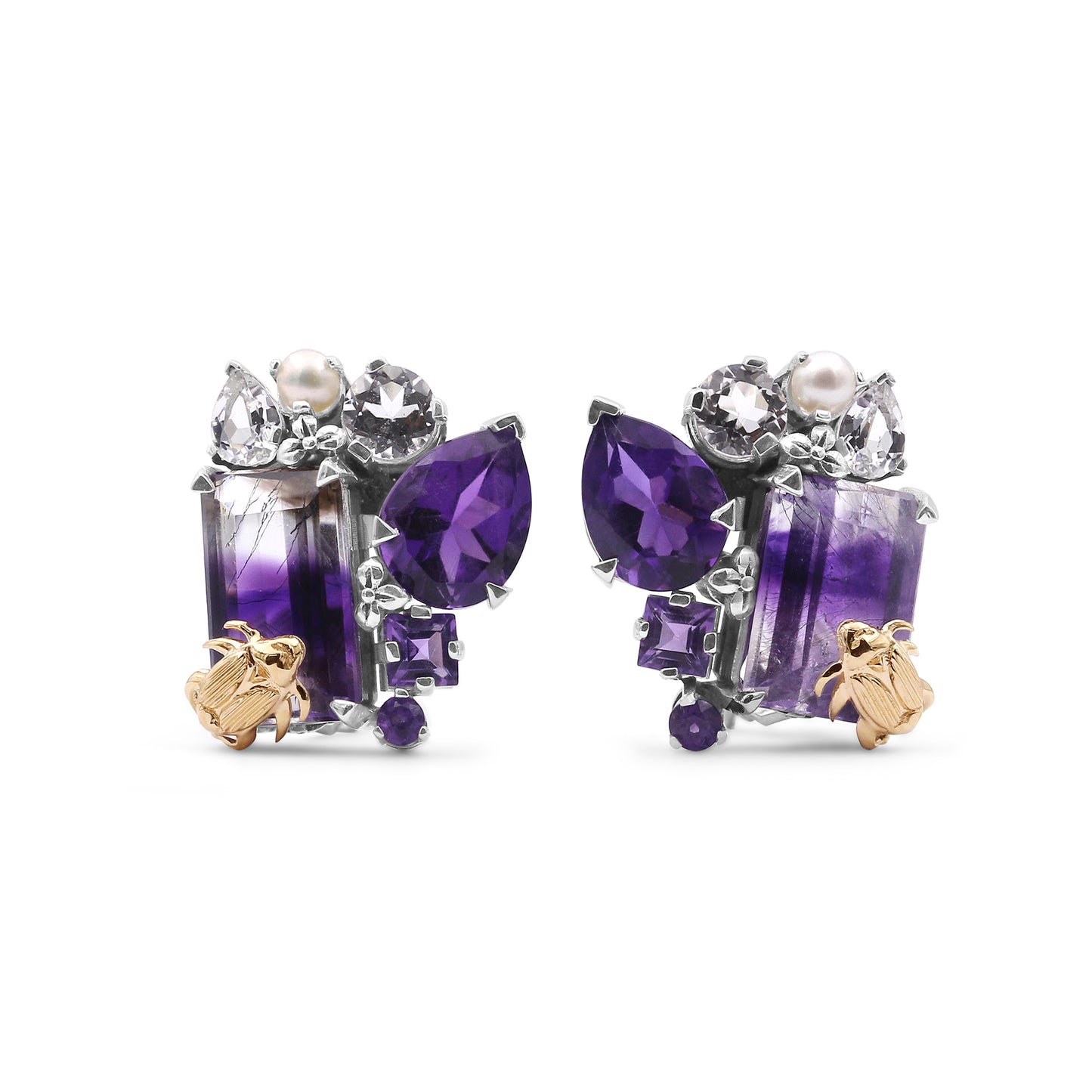 One of a Kind Bi-Color Amethyst Amethyst Natural Quartz and White Pearl Earring in Sterling Silver with 18K Gold Adam