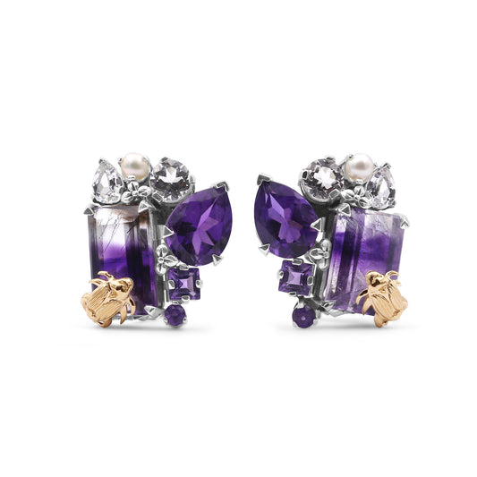 One of a Kind Bi-Color Amethyst Amethyst Natural Quartz and White Pearl Earring in Sterling Silver with 18K Gold Adam