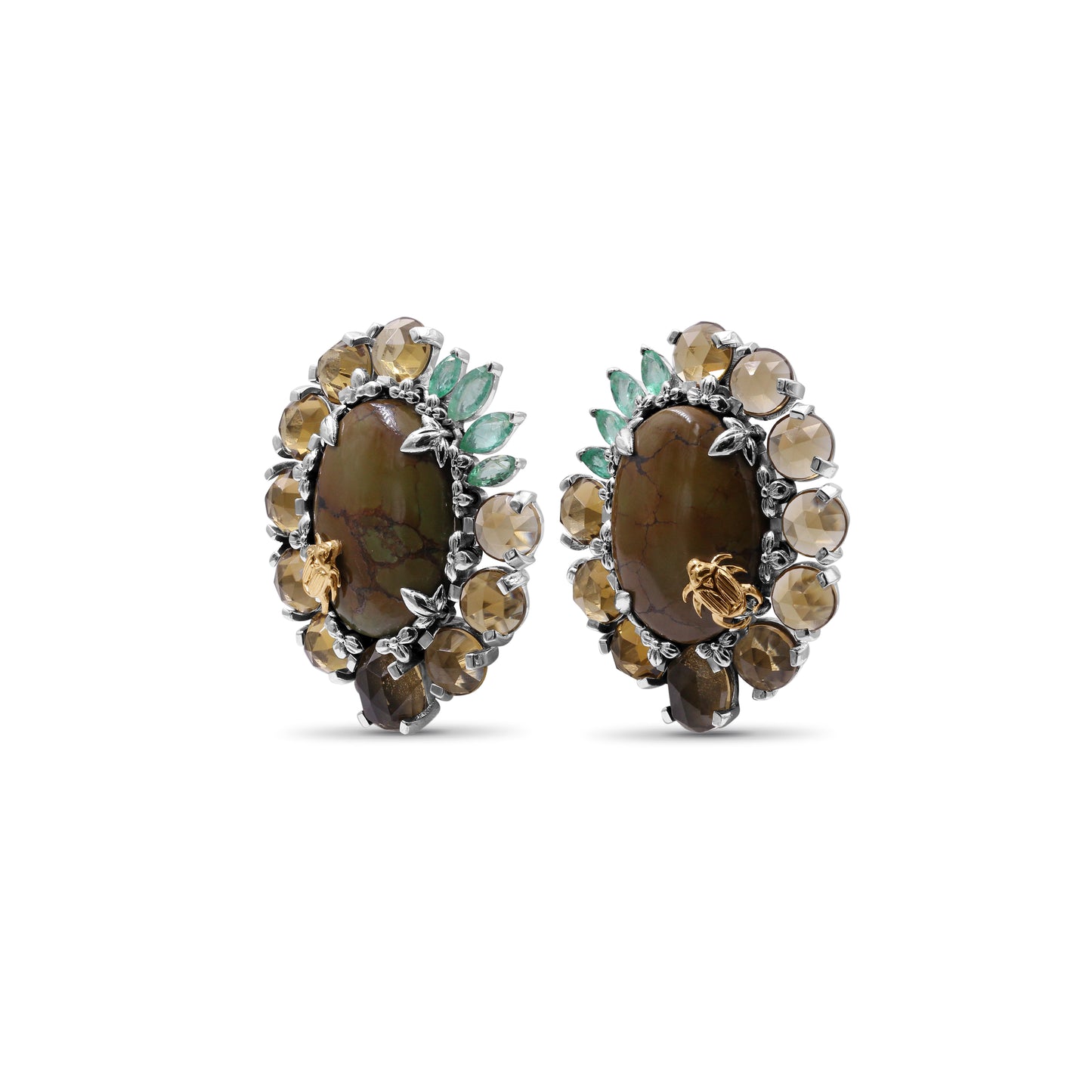One of a Kind Cognac Quartz Emerald Smooth Olive Turquoise Earring in Sterling Silver with 18K Gold Adam