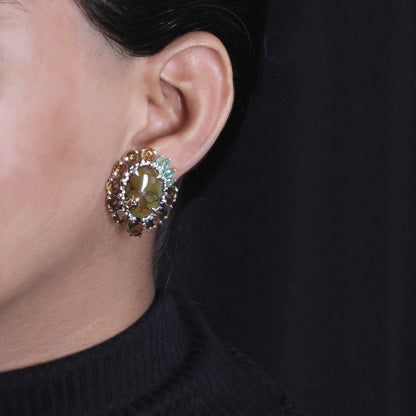 One of a Kind Cognac Quartz Emerald Smooth Olive Turquoise Earring in Sterling Silver with 18K Gold Adam
