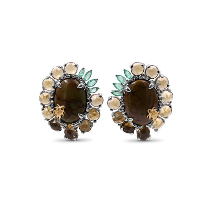 One of a Kind Cognac Quartz Emerald Smooth Olive Turquoise Earring in Sterling Silver with 18K Gold Adam