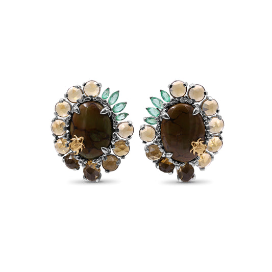 One of a Kind Cognac Quartz Emerald Smooth Olive Turquoise Earring in Sterling Silver with 18K Gold Adam