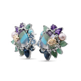 One of a Kind Swiss Blue Topaz Amethyst Facet Flat Back Blue Turquoise London Blue Topaz Natural Pearl Pastel Color Mosaic Facet Emerald and Diamond 0.04ct Earring in Sterling Silver with 18K Gold Adam