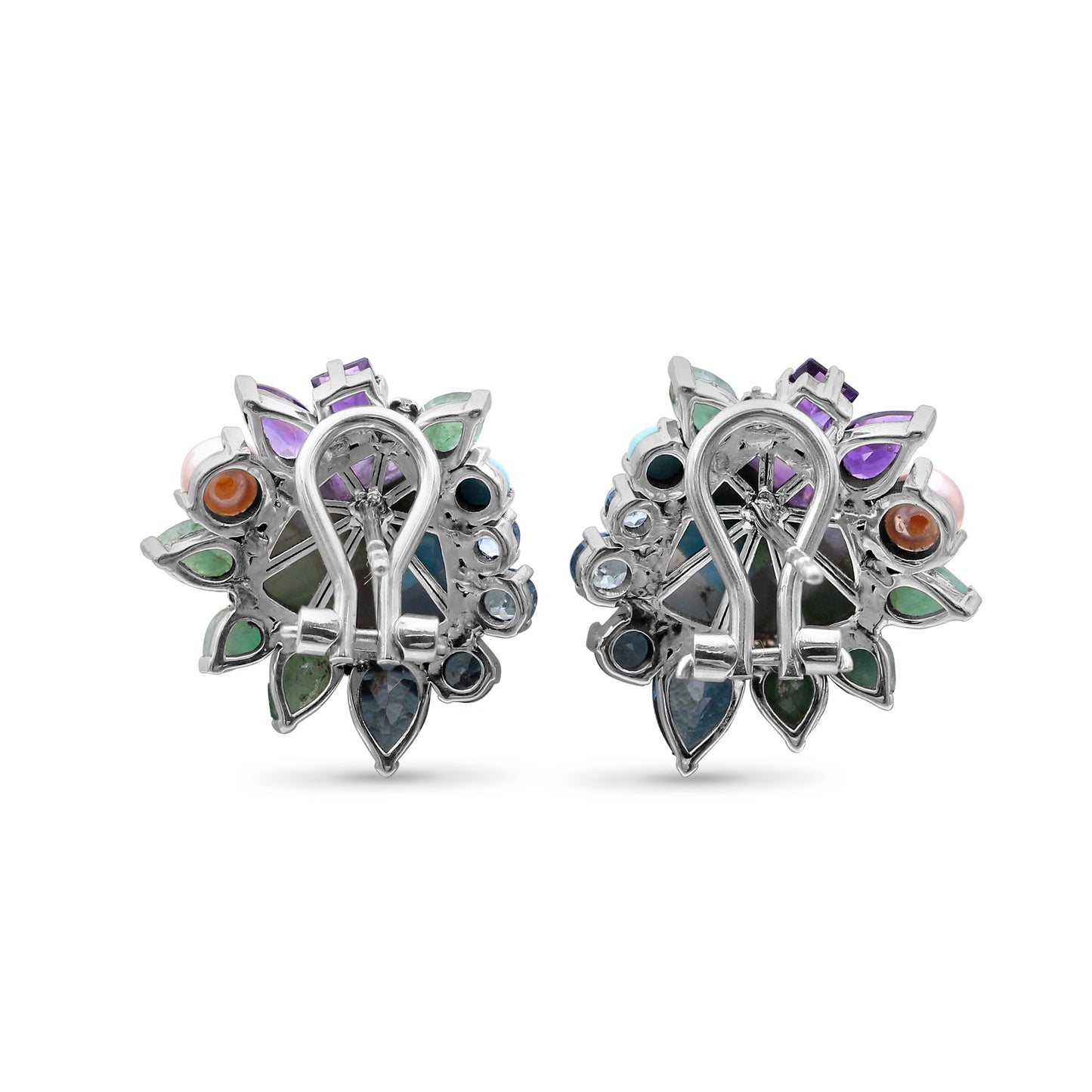 One of a Kind Swiss Blue Topaz Amethyst Facet Flat Back Blue Turquoise London Blue Topaz Natural Pearl Pastel Color Mosaic Facet Emerald and Diamond 0.04ct Earring in Sterling Silver with 18K Gold Adam
