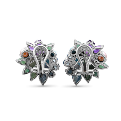 One of a Kind Swiss Blue Topaz Amethyst Facet Flat Back Blue Turquoise London Blue Topaz Natural Pearl Pastel Color Mosaic Facet Emerald and Diamond 0.04ct Earring in Sterling Silver with 18K Gold Adam