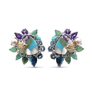 One of a Kind Swiss Blue Topaz Amethyst Facet Flat Back Blue Turquoise London Blue Topaz Natural Pearl Pastel Color Mosaic Facet Emerald and Diamond 0.04ct Earring in Sterling Silver with 18K Gold Adam