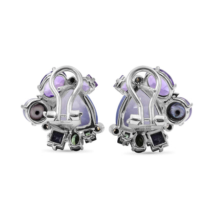 One of a Kind Green Tourmaline Amethyst Blue Sapphire Lavender Pearl Blue Chalcedony and Diamond 0.08ct Earring in Sterling Silver with 18K Gold