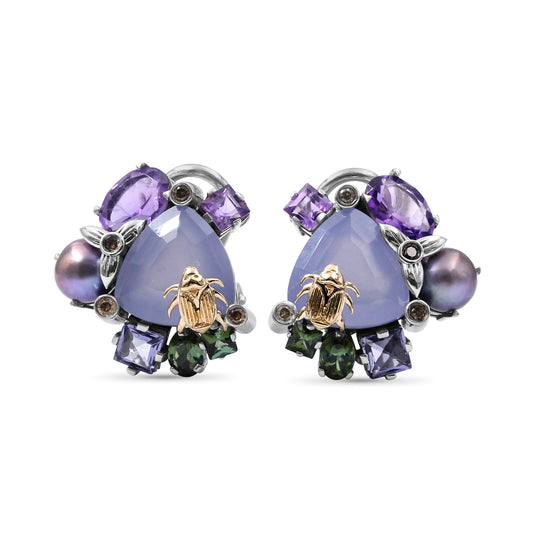 One of a Kind Green Tourmaline Amethyst Blue Sapphire Lavender Pearl Blue Chalcedony and Diamond 0.08ct Earring in Sterling Silver with 18K Gold