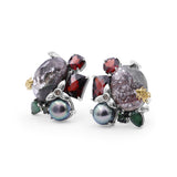 One of a Kind Green Tourmaline Facet Orissa Garnet Green Pearl Emerald Garnet Facet Flat back Red Moss Quartz and Diamond 0.04ct Earring in Sterling Silver with 18K Gold Adam