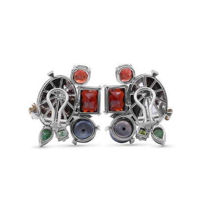 One of a Kind Green Tourmaline Facet Orissa Garnet Green Pearl Emerald Garnet Facet Flat back Red Moss Quartz and Diamond 0.04ct Earring in Sterling Silver with 18K Gold Adam