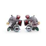 One of a Kind Green Tourmaline Facet Orissa Garnet Green Pearl Emerald Garnet Facet Flat back Red Moss Quartz and Diamond 0.04ct Earring in Sterling Silver with 18K Gold Adam