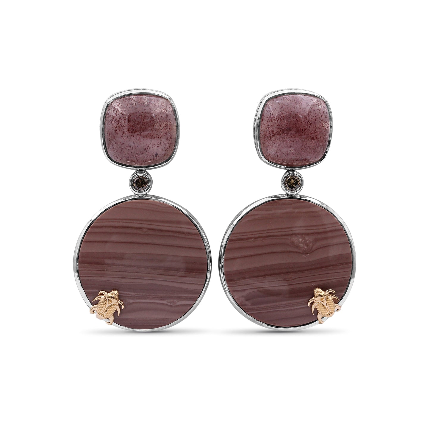 One of a Kind Smooth Imperial jasper Smooth Strawberry Quartz and Diamond 0.20ct Earring in Sterling Silver with 18K Gold Adam