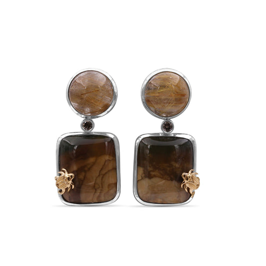 One of a Kind Smooth Bruneau Jasper Smooth Gold Hair Rutilated Quartz and Diamond 0.10ct Earring in Sterling Silver with 18K Gold Adam