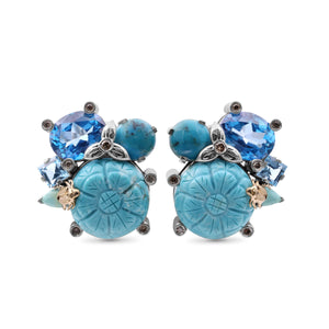 One of a Kind Blue Topaz Smooth Turquoise Hand Carved Turquoise Turquoise Swiss Blue Topaz and Diamond 0.18ct Earring in Sterling Silver with 18K Gold Adam