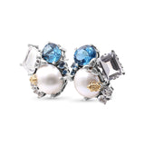 One of a Kind London Blue Topaz Natural Quartz White Mabe Pearl and Diamond 0.03ct Earring in Sterling Silver with 18K Gold Adam