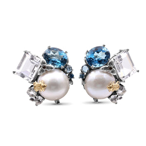 One of a Kind London Blue Topaz Natural Quartz White Mabe Pearl and Diamond 0.03ct Earring in Sterling Silver with 18K Gold Adam