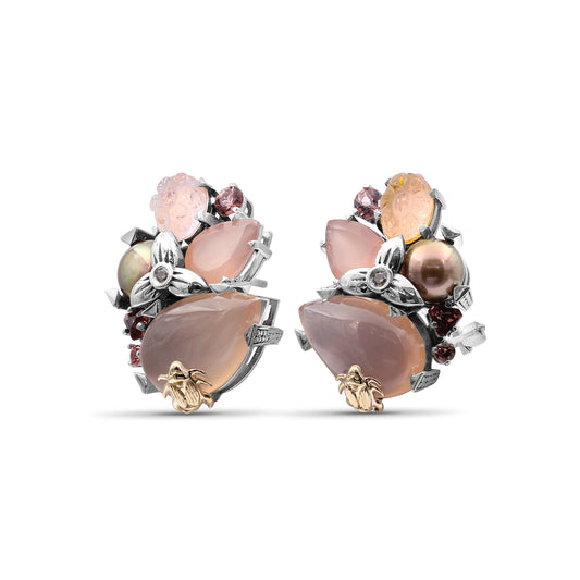 One of a Kind Pink Tourmaline Half Drill Pink Rose Pearl Hand Carve Natural Quartz Over Pink Plated Plaque Pink Chalcedony and Diamond 0.04ct Earring in Sterling Silver with 18K Gold Adam