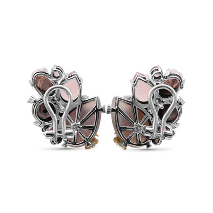 One of a Kind Pink Tourmaline Half Drill Pink Rose Pearl Hand Carve Natural Quartz Over Pink Plated Plaque Pink Chalcedony and Diamond 0.04ct Earring in Sterling Silver with 18K Gold Adam