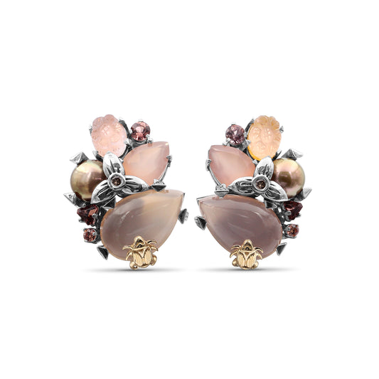 One of a Kind Pink Tourmaline Half Drill Pink Rose Pearl Hand Carve Natural Quartz Over Pink Plated Plaque Pink Chalcedony and Diamond 0.04ct Earring in Sterling Silver with 18K Gold Adam