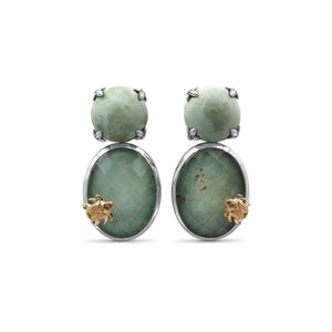 One of a Kind Top Facet Natural Quartz Over Green Turquoise and Smooth Green Turquoise Earring in Sterling Silver with 18K Gold Adam