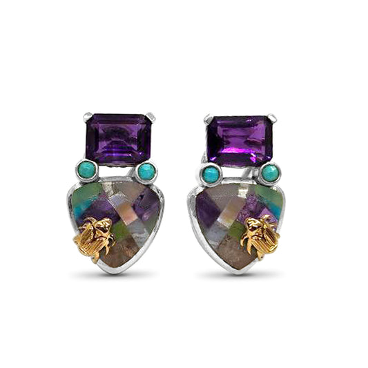One of a Kind Turquoise Pastel Color Mosaic Amethyst Earring in Sterling Silver with 18K Gold Adam
