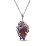 One of a Kind Hand Carved Yttrium Fluorite Pink Tourmaline Lavender Moon Quartz Amethyst Bloodstone Bead and Diamond Pendant in Sterling Silver with 18K Gold Flowers and Adam