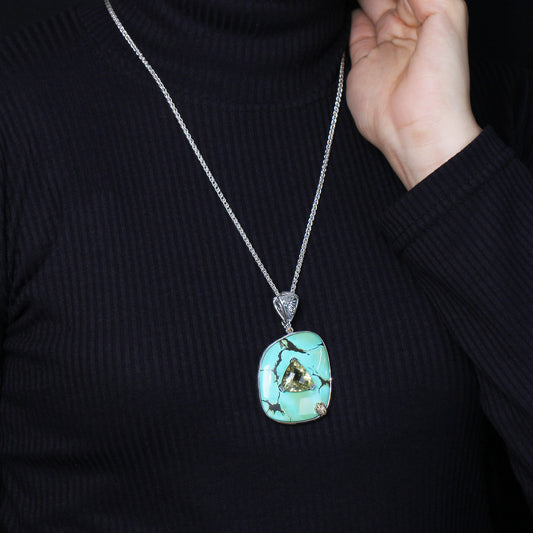 One of a Kind Smooth Turquoise Black Veins Facet Lemon Quartz and Diamond 0.16ct Pendant in Sterling Silver with 18K Gold Diamond Pave Adam