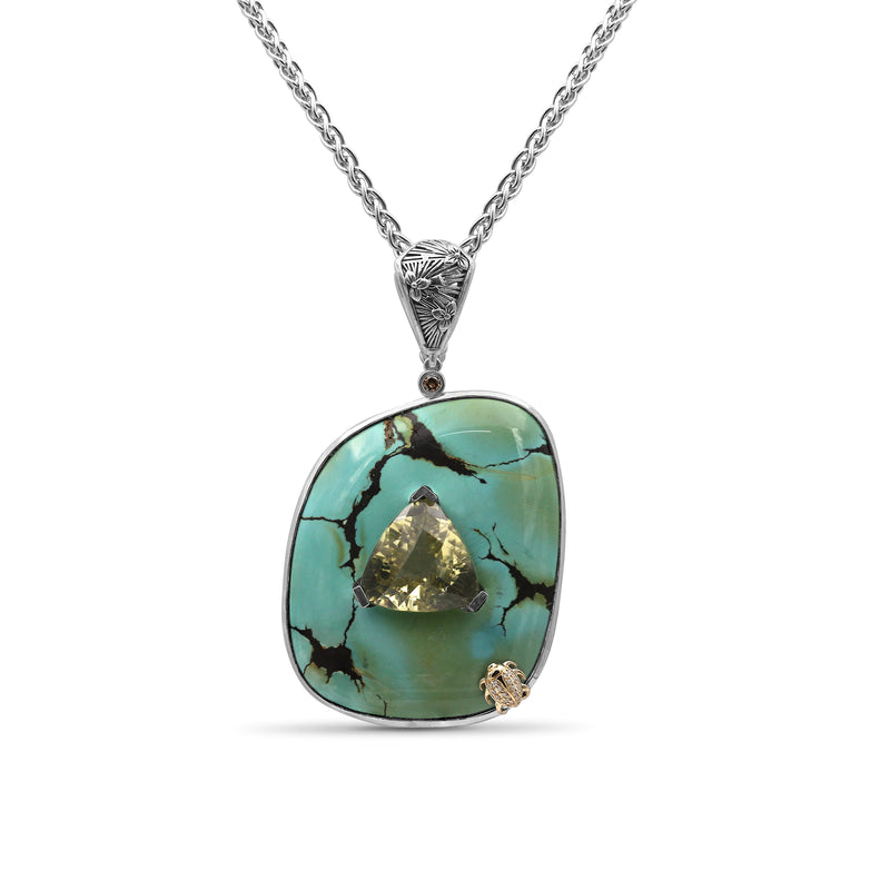 One of a Kind Smooth Turquoise Black Veins Facet Lemon Quartz and Diamond 0.16ct Pendant in Sterling Silver with 18K Gold Diamond Pave Adam