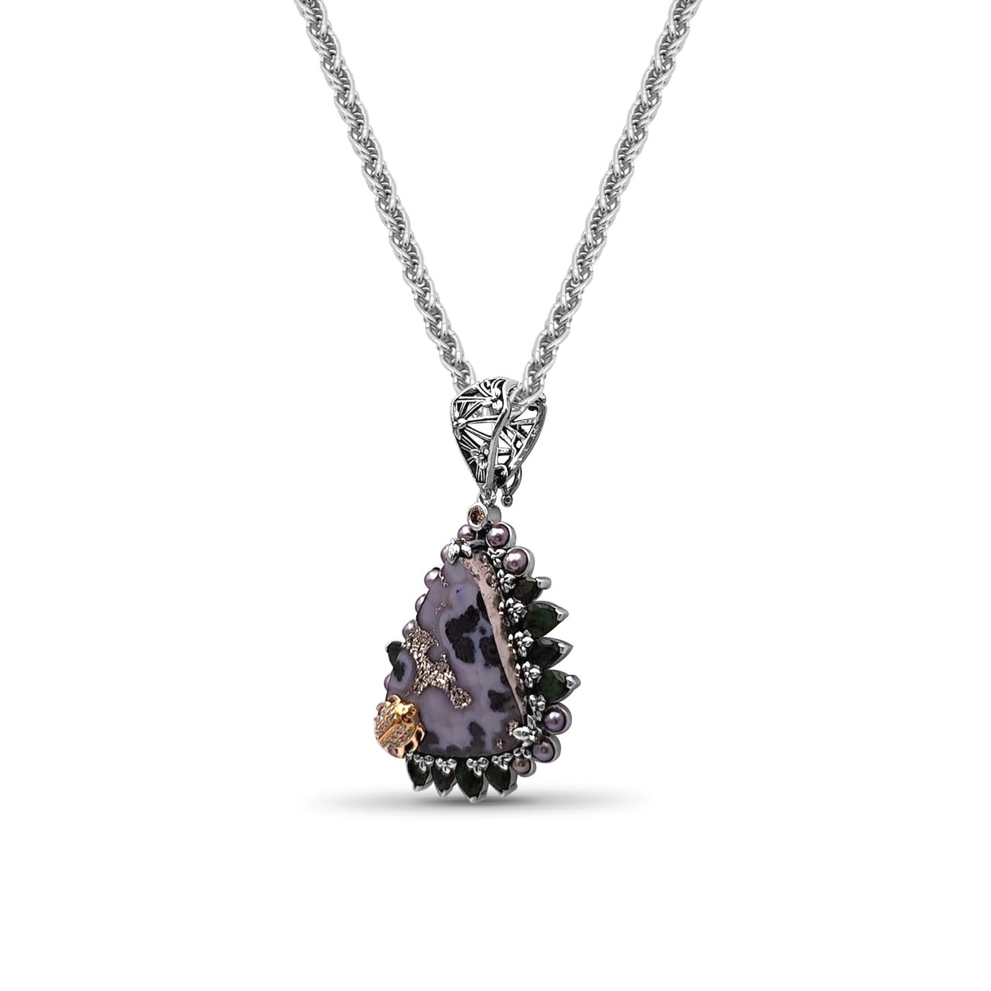 One of a Kind Drusy Emerald Small Seeds Silver Pearl and Diamonds 0.11ct Pendant in Sterling Silver with 18K Gold Adam
